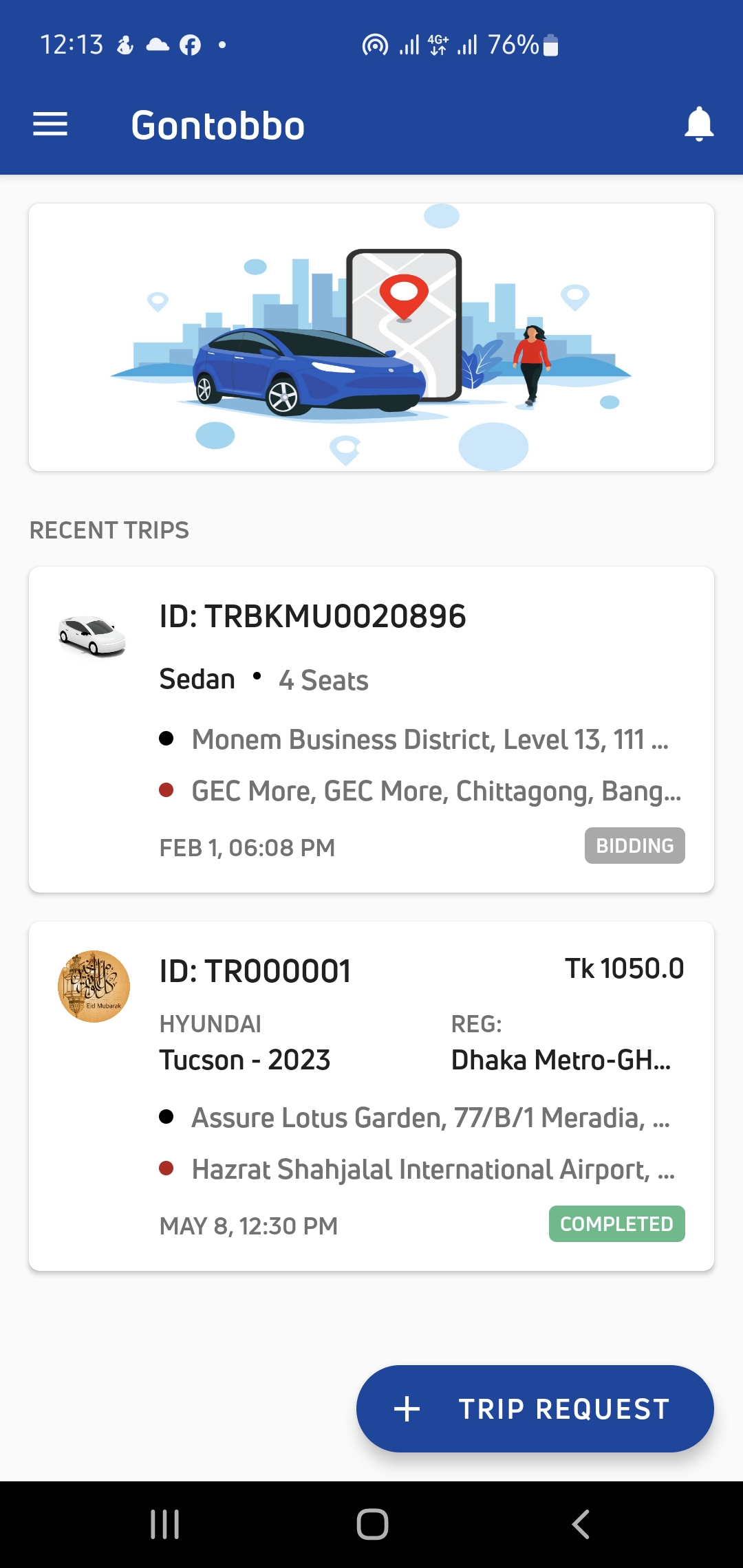 Gontobbo home screen showing recent trips with status badges and a trip request button