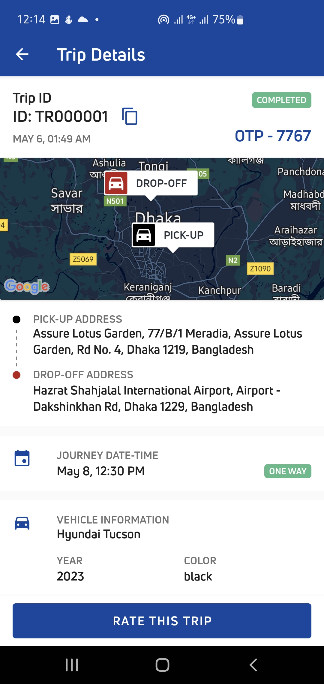 Gontobbo trip details screen with a route map, pick-up and drop-off addresses and vehicle information