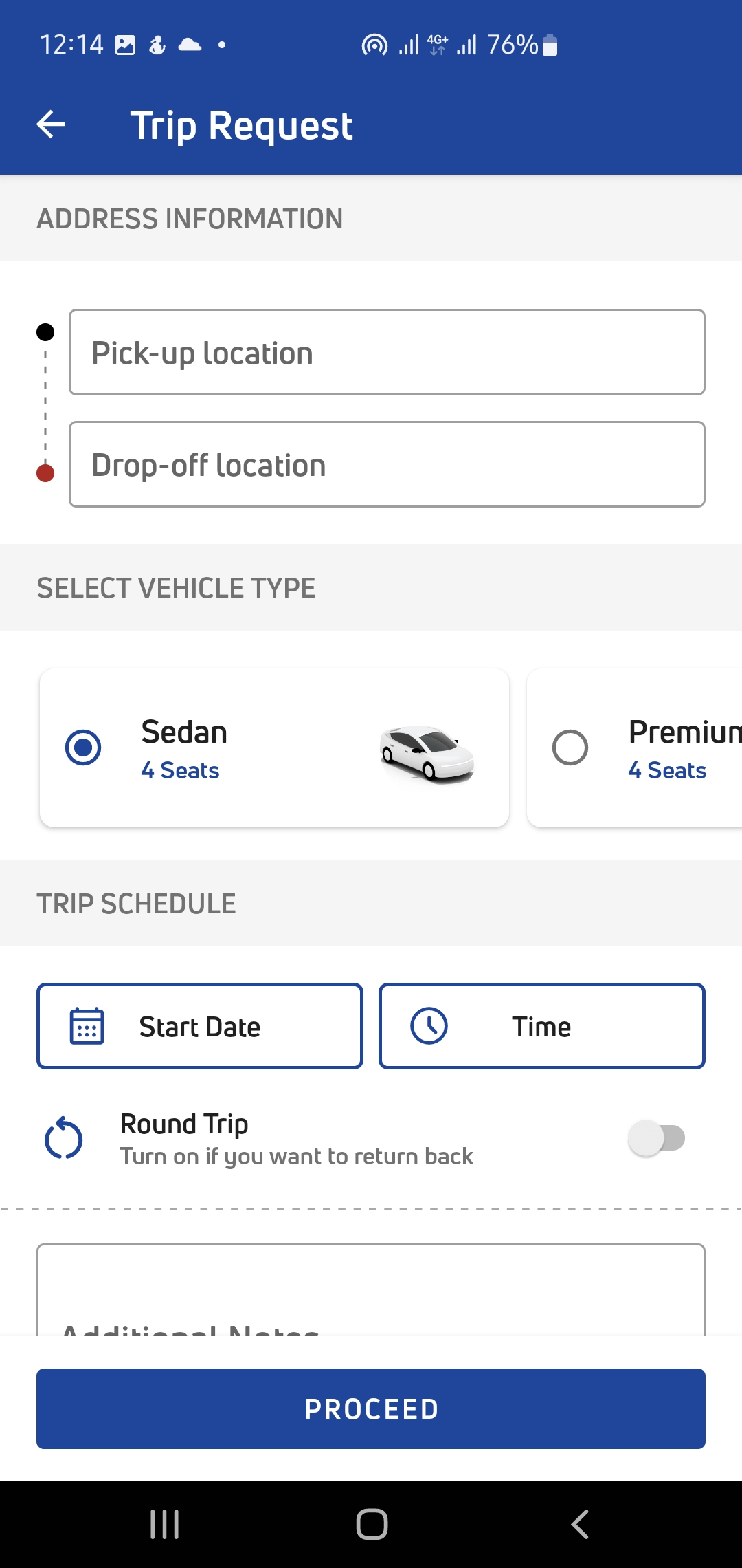 Gontobbo trip request screen: pick-up and drop-off location, vehicle type and trip schedule